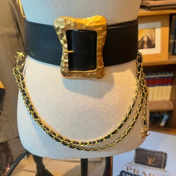 CHANEL Vintage Karl Lagerfeld 1993 Wide Black belt 24k gold plated - Picture 3 of 17
